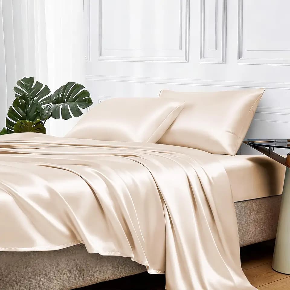 MR&HM Satin Sheets California King Size Sheet Set, Beige, 4 Pieces