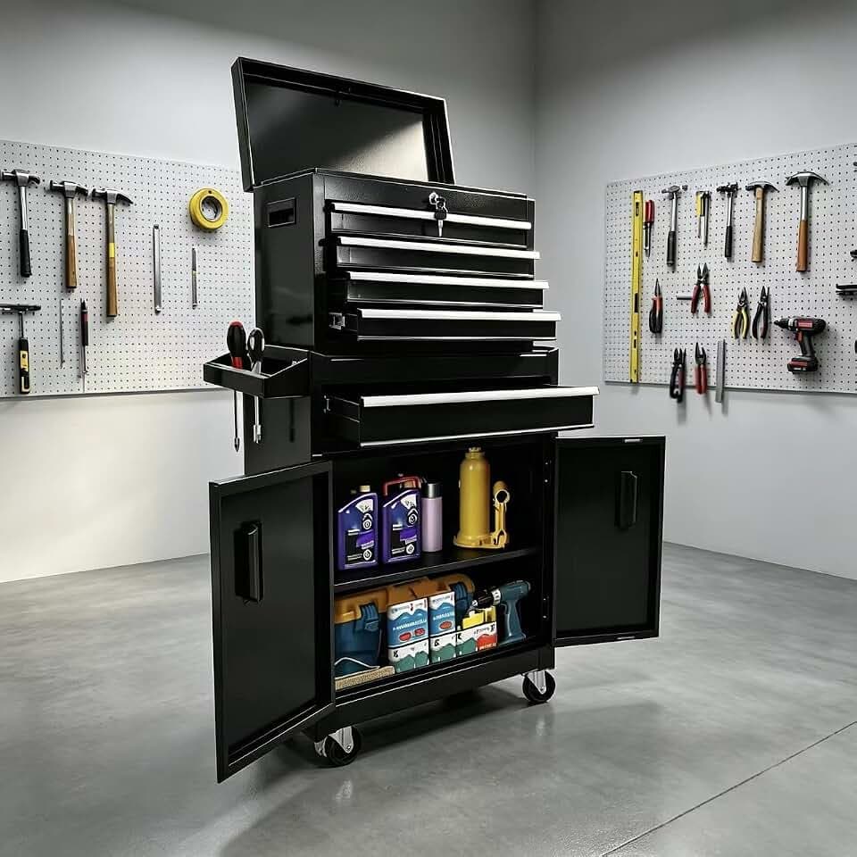 BIG RED 5-Drawer Rolling Tool Chest: Metal Tool Box with Wheels, Removable Top Tool Box, Liner, Adjustable Shelf and Locking Mechanism for Garage Workshop,Black