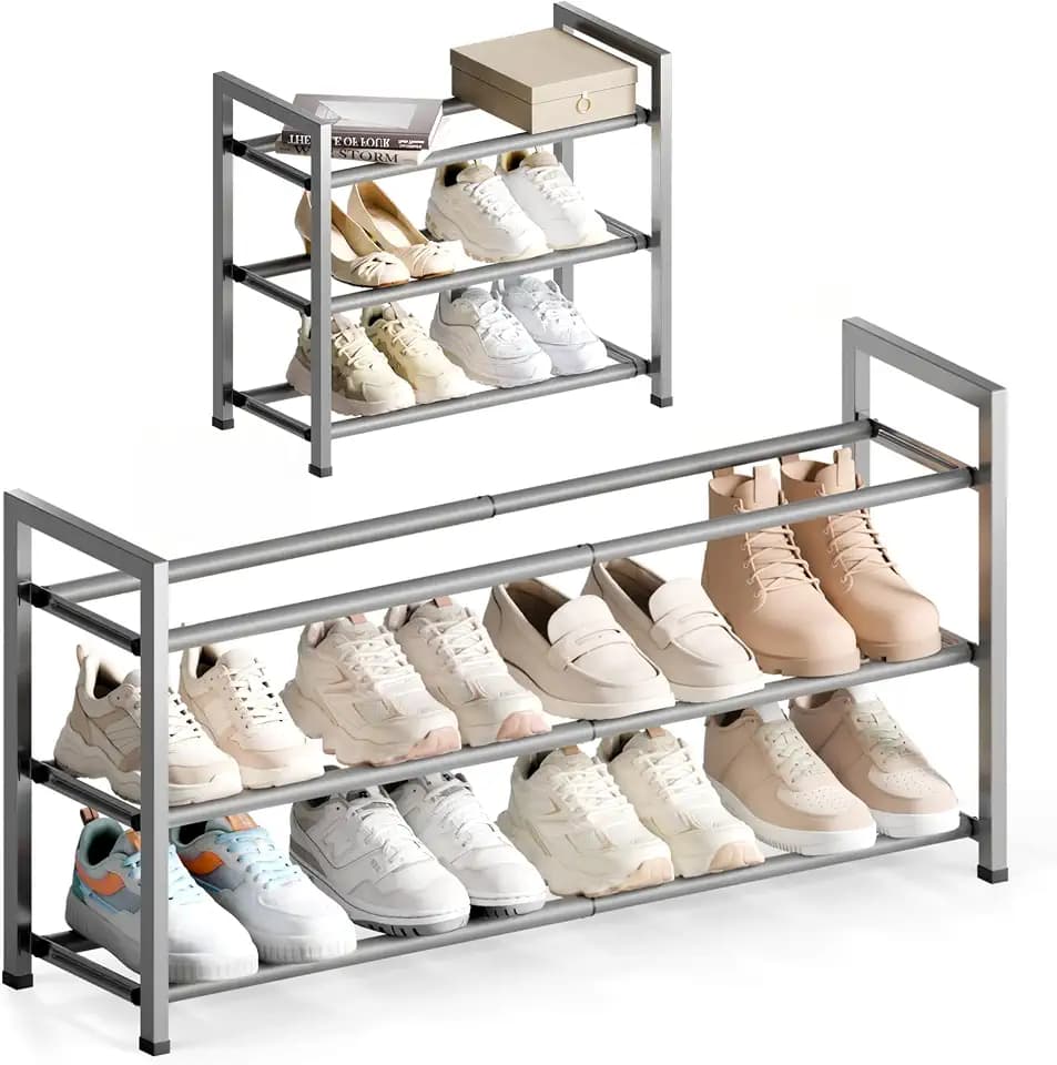 Bumusty 3 Tier Expandable Shoe Rack for Closet, Light Grey