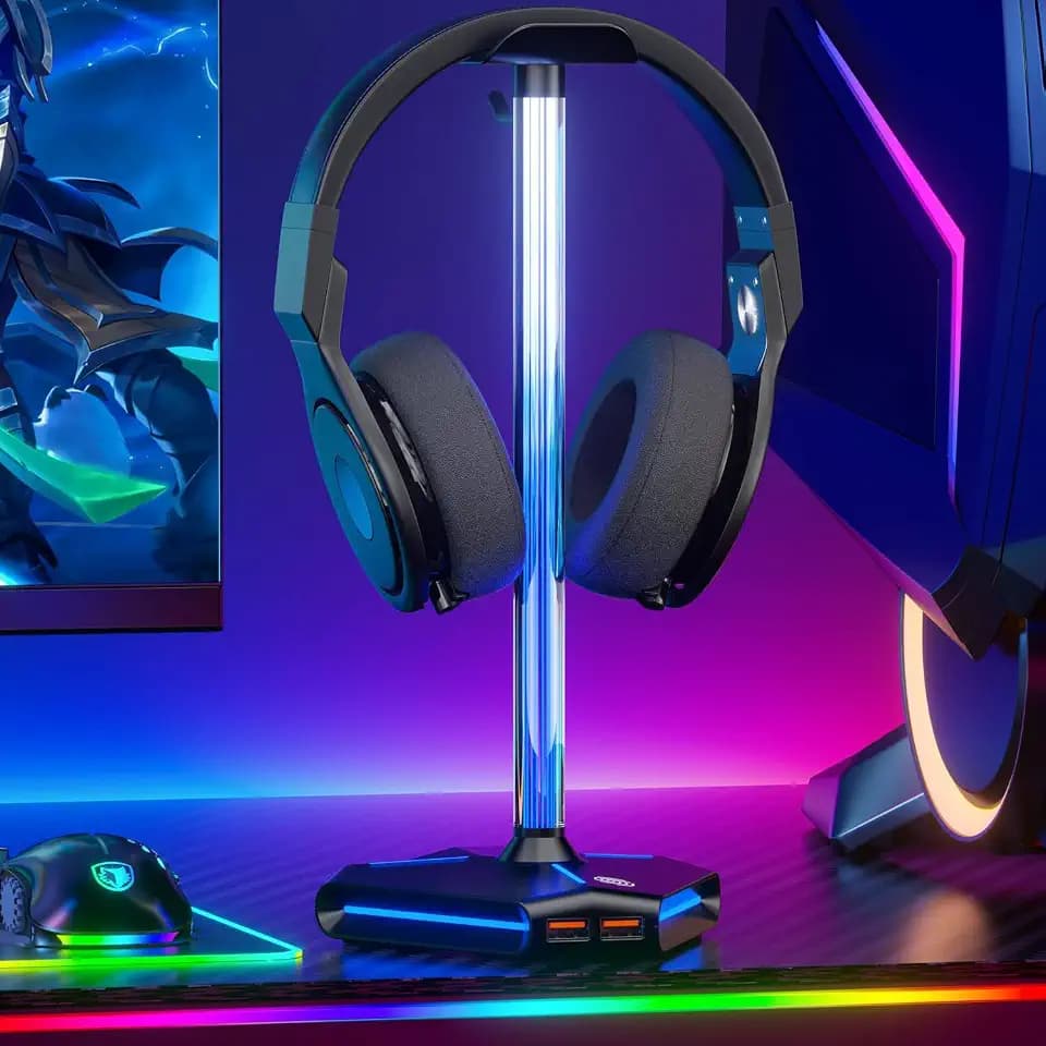 ALACOO Headset Halterung RGB, Kopfhörer Ständer Halter mit 2 USB 2.0-Anschlüssen, Typ C Eingang & Ausgang für Spielzimmer-Deko, Gamer Geschenk PC Schreibtisch Zubehör (Verlängerungskabel im Enthalten)