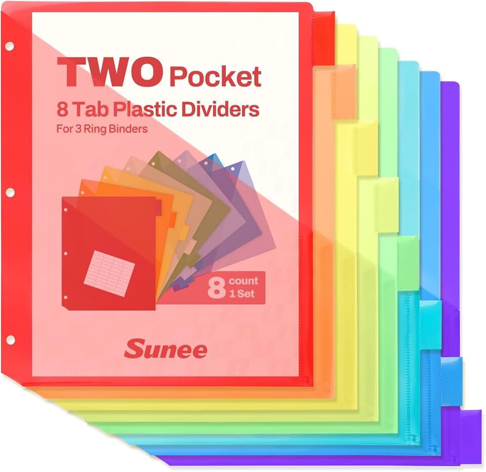 SUNEE 8 Tab Dividers with Pockets, Plastic Dividers for 3 Ring Binder, Subject Dividers with 2 Pockets, Binder Dividers for School Office Home Supplies, Bright Color, 1 Set