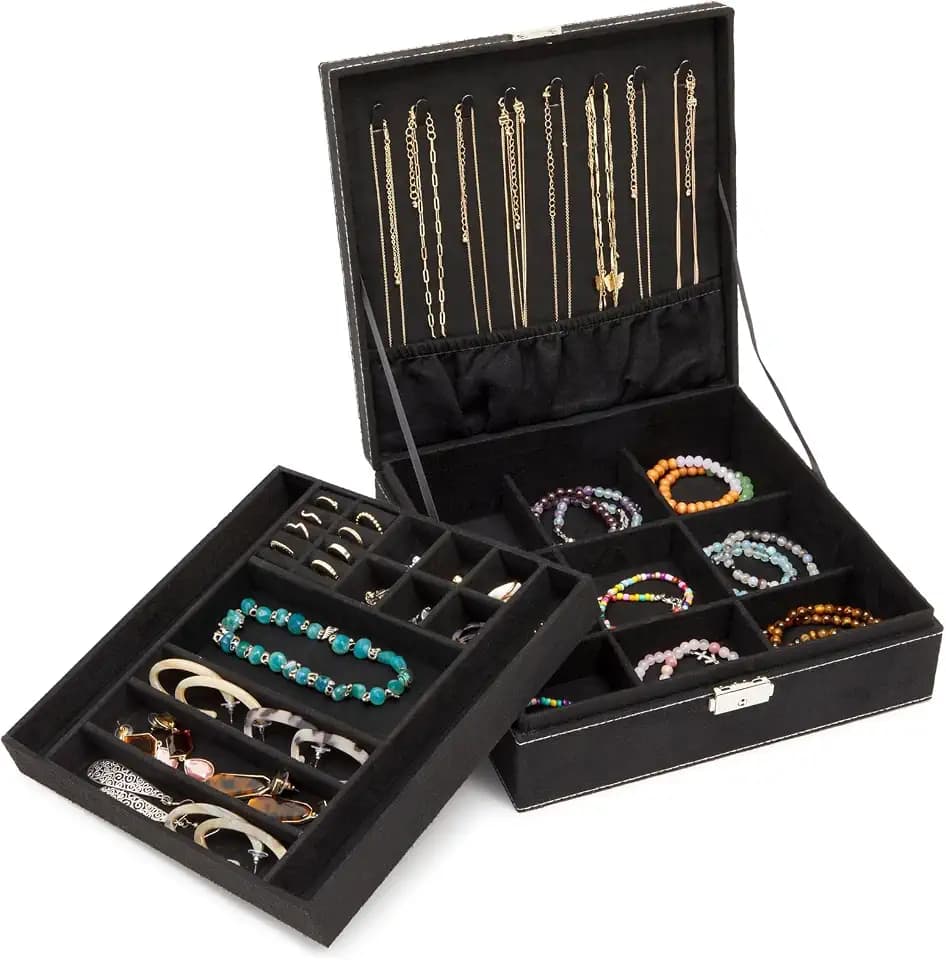 Juvale Jewelry Box - 10.5 x 10.5 x 3.5 in, Black Velvet - Locking 2-Layer Travel Jewelry Organizer & Earring Holder, Necklace Organizer & Decorative Tray