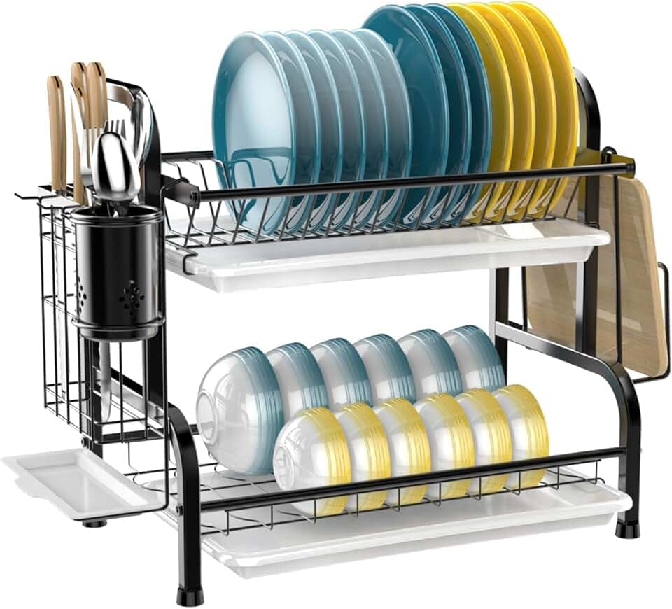 iSPECLE Dish Drying Rack with Drainboard - 304 Stainless Steel 2 Tier Dish Racks for Kitchen Counter, Dish Drainer with Tray, Stainless Steel Utensil Holder, Cutting Board Holder, Black