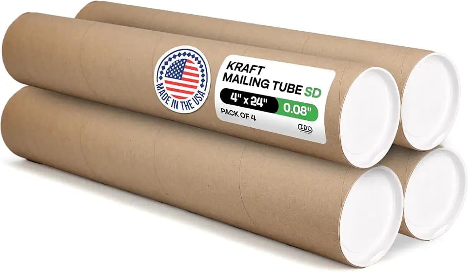 IDL Packaging Cardboard Mailing Tubes, 4" x 24" with Plastic Caps, Pack of 4 - USA-Made USPS Approved Poster Tube for Documents & Blueprints - Reinforced Mailing Cylinders for Shipping & Storage