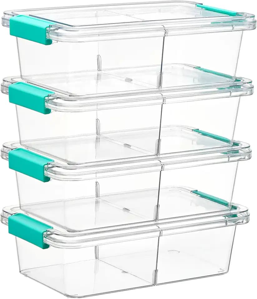 Vtopmart 4 Pack 1.5Qt Clear Pencil Box, Plastic Pencil Holder with Removable Divider for Pen Organizer, Small Stackable Containers with Lid for Pen, Art Craft, Sticker, Scrapbook & Office Supplies