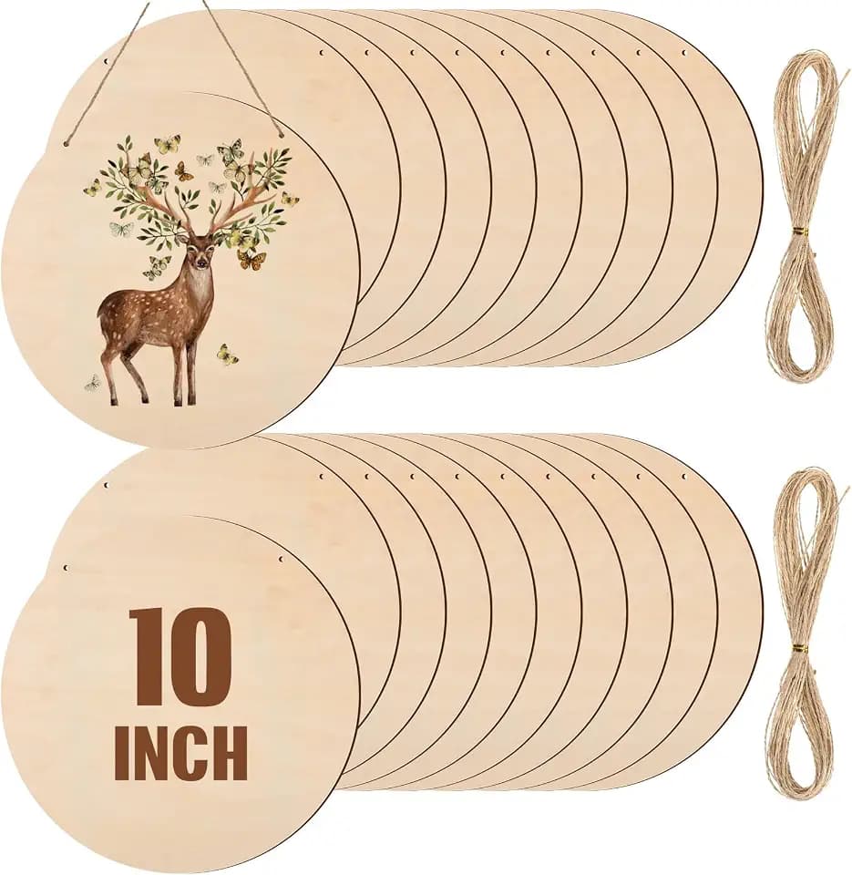 Suzile 20 Pcs Blank Wood Rounds Unfinished Wooden Crafts Signs Circles Discs for DIY Christmas Home Decor Painting Door Hanger Design(10 Inch)