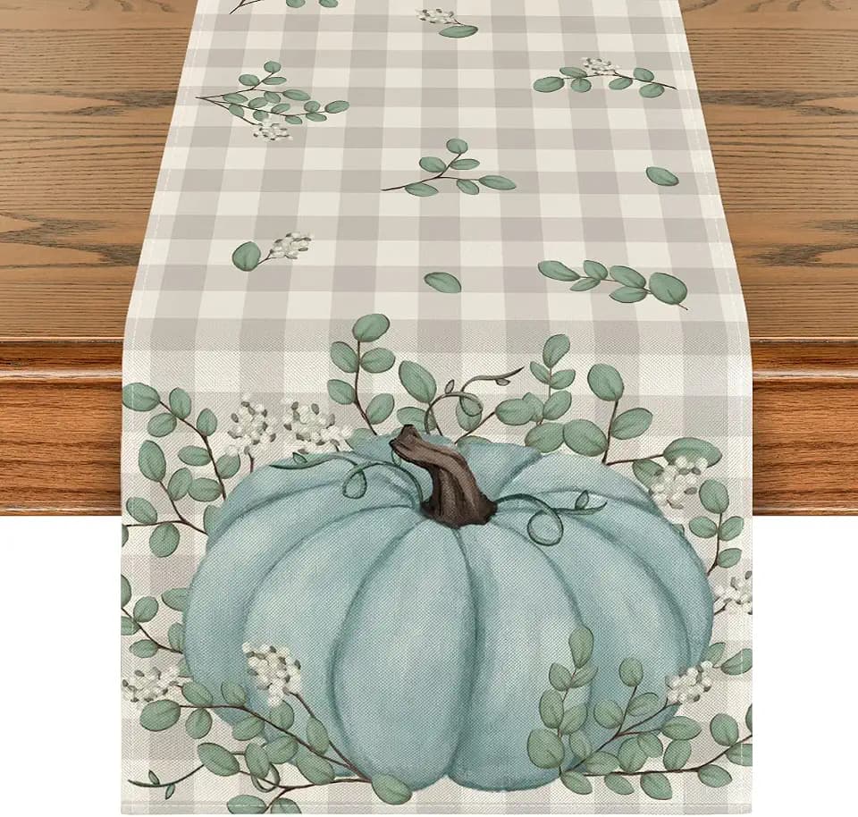 Artoid Mode Buffalo Plaid Pumpkin Eucalyptus Leaves Fall Table Runner, Autumn Thanksgiving Kitchen Dining Table Decoration for Home Party Decor 13x36 Inch
