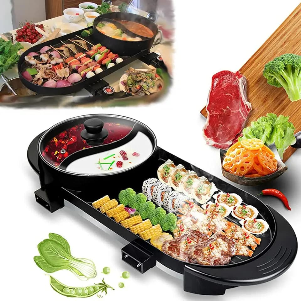 Pot Barbecue Grill,Fencia 110V 2 in 1 Multifunctional Electric Smokeless Barbecue Shabu Pot with Divider,Dual Temperature Control Non-Stick Pan Electric Grill for 2-12 People (2000W) (M)