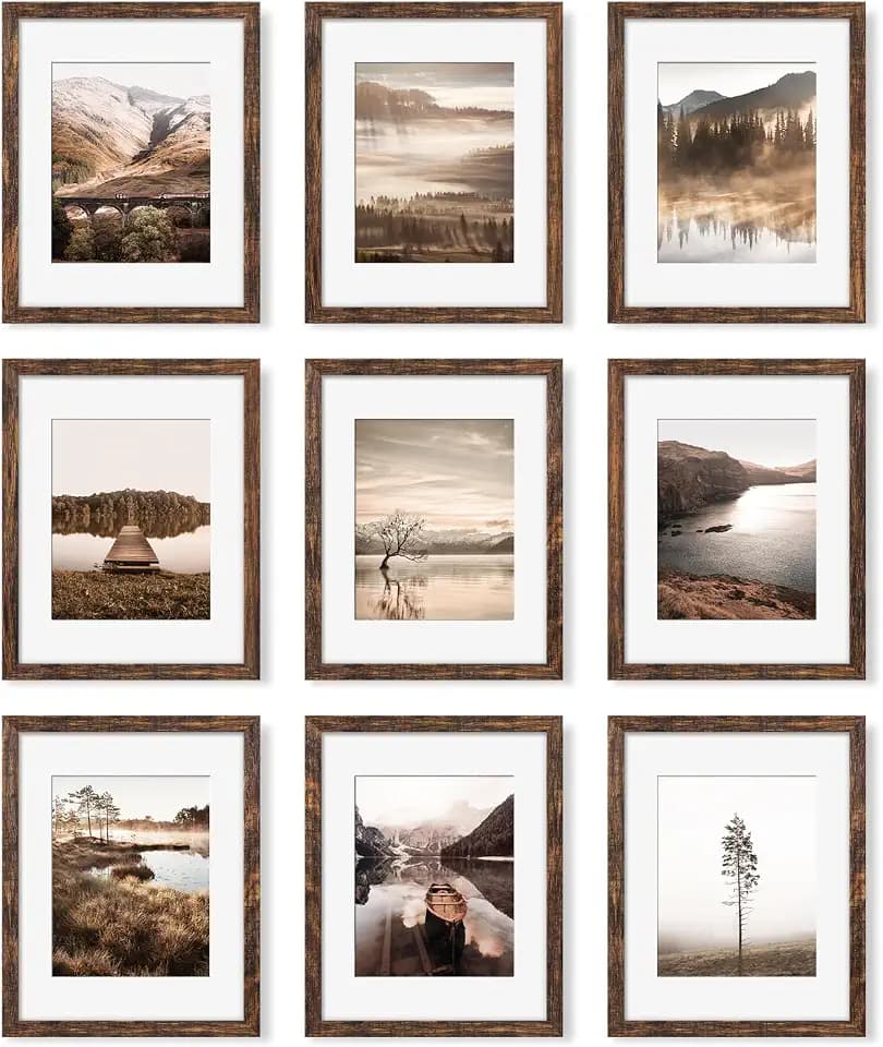 YESKAY 11x14 Picture Frame Set of 9, Photo Gallery Wall Frame Set, Display Pictures 8x10 with Mat or 11 x 14 Without Mat, Multi Photo Frames for Wall Mounting or Table Top Display, Rustic Brown