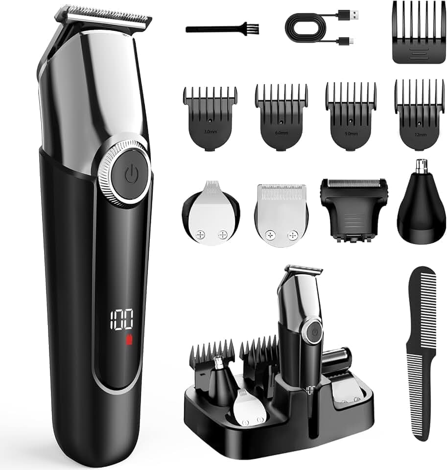 elestyle Barttrimmer Herren Haarschneidemaschine, All-In-One Trimmer Bartschneider Nasenhaartrimmer Haarschneider, USB Wiederaufladbar Rasierer Elektrisch mit 3 Scherkopf, 4 Aufsteckkämme