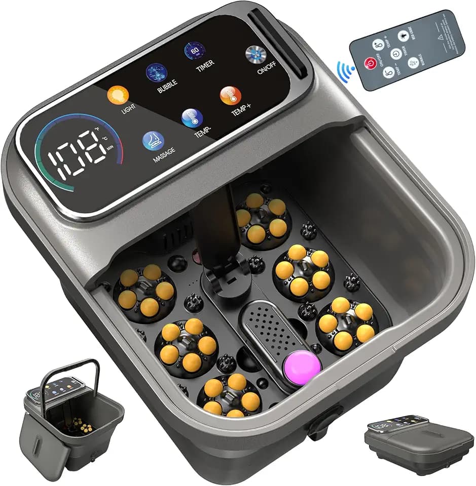 Collapsible Foot Spa Bath with Heat and Massage, Motorized Shiatsu Foot Massager Tub for Plantar Fasciitis & Stress Relief, Temp Control, Bubbles, Remote, Pedicure Spa at Home