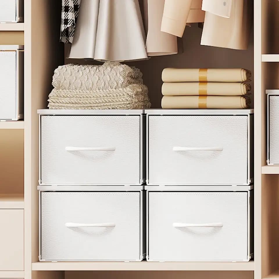 X-cosrack 3 Packs Individual Stackable Storage Drawers with Wood Top for Closet, Small Stacking Closet Organizer with Drawers, Metal Frame 3 Fabric Storage Drawer Bins for Bedroom, Under Bed, White