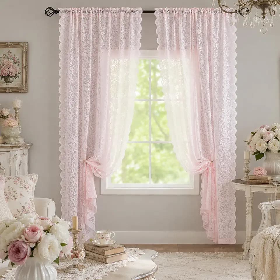 Pink Sheer Lace Curtains 96 Inches Long 2 Panels for Grils Room & Nursery