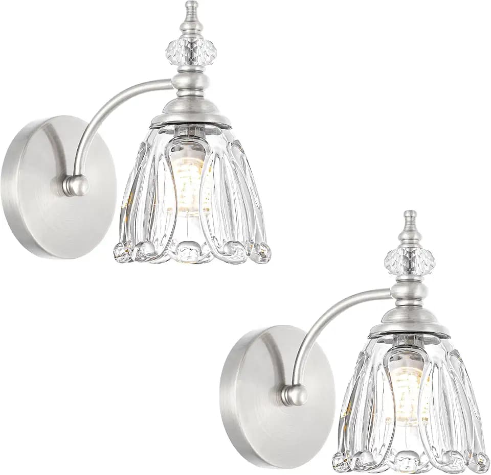 Vintage Wall Sconces Set of Two, Brushed Nickel Bathroom Vanity Light Fixtures, Hardwired Sconces Wall Deco Set of 2, Glass Wall Lights for Bathroom, Bedroom,Hallway (Excludes G9 Bulb)
