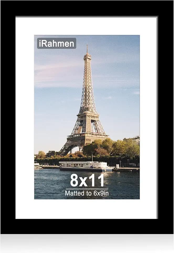 iRahmen 8x11 Picture Frame with HD Tempered Glass, Display Pictures 6x9 with Mat or 8 x 11 Without Mat, Wood Photo Frames for Tabletop and Wall Mount (Black, 1 Pack)
