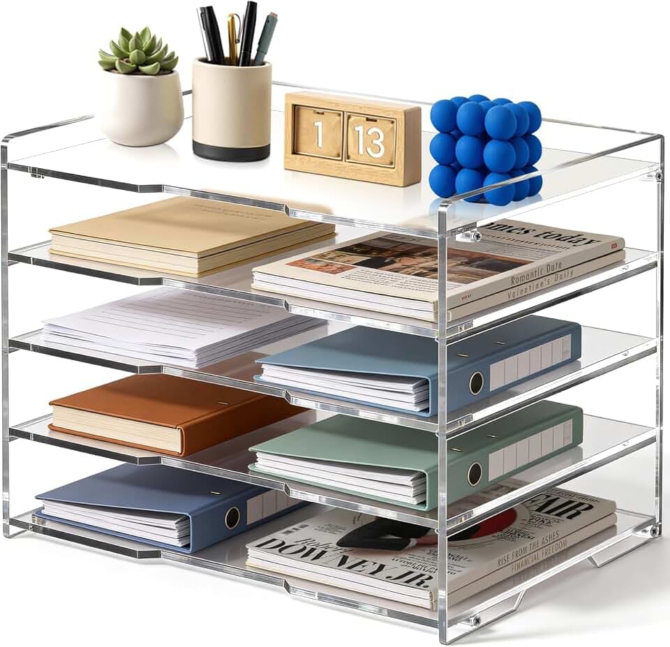 Leffis 5 Tier Large Capacity Acrylic Desk Organizer, Clear Paper Tray