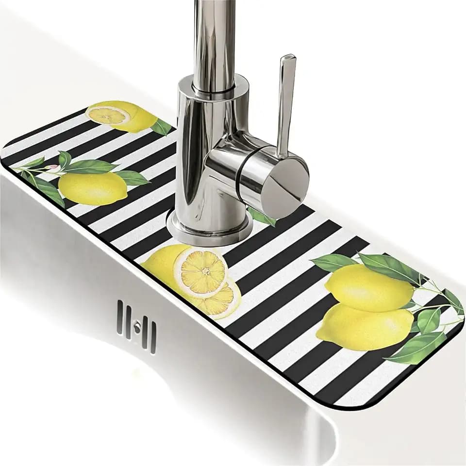 Kitchen Sink Splash Guard,Lemon-and stripes Faucet Mat Sink Gadgets-Super Absorbent Fast Drying Mat Drip Catcher for Kitchen, Bathroom,Sink Mat, Dish Drying Mat, Bathroom(15" X 5.5" )