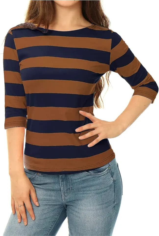 Allegra K Women's Striped Shirt Elbow Sleeve Slim Fit Casual Boat Neck Top