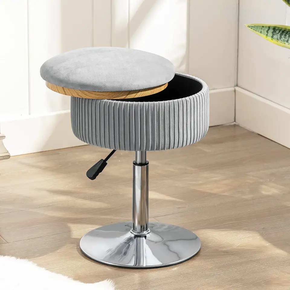 LUE BONA 360°Swivel Vanity Stool Chair for Makeup Room, Height Adjustable Stool for Vanity with Storage, Small Grey Velvet for Bathroom, Living Room