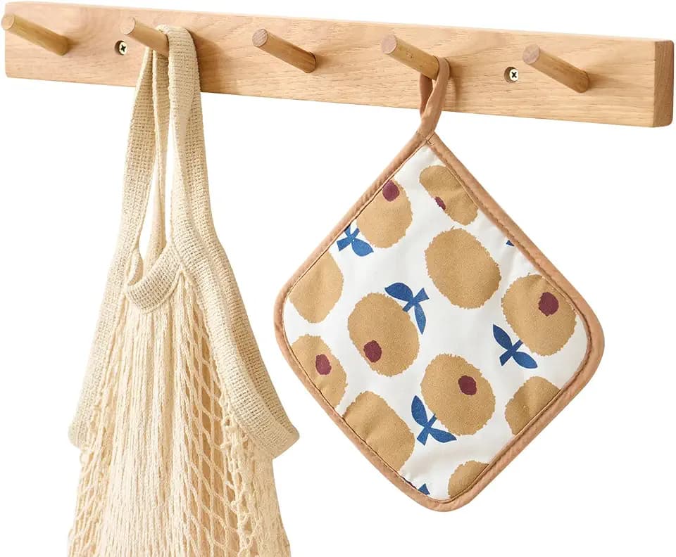 Hickory Wood Coat Rack Wall Mount 20 inches, Wooden Coat Hooks with 5 Hooks Coat Hanger for Hanging Hat Jacket Purse, Wall Hooks for Entryway, Bathroom, Bedroom, Natural
