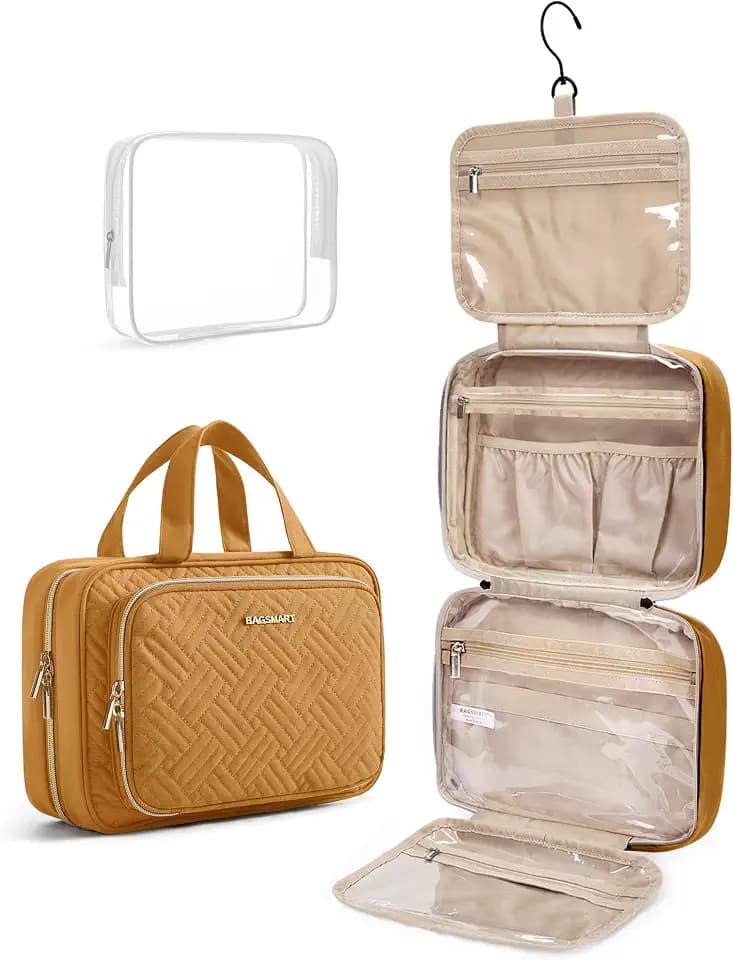 BAGSMART Toiletry Bag Hanging Travel Makeup Organizer with TSA Approved Transparent Cosmetic Bag Makeup Bag for Full Sized Toiletries(Stone Khaki)