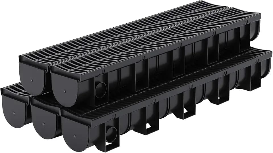 Driveway Channel Drain with HDPE Grate – 39.4" l x 5.9" w x 5.1" h Shallow Profile Trench Drain System, 6-Pack (197" Total Length), Heavy Duty for Garage, Parking Lot, Concrete