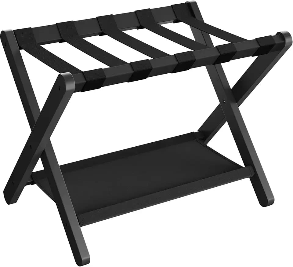 SONGMICS Bamboo Luggage Rack, Folding Suitcase Stand, with Storage Shelf