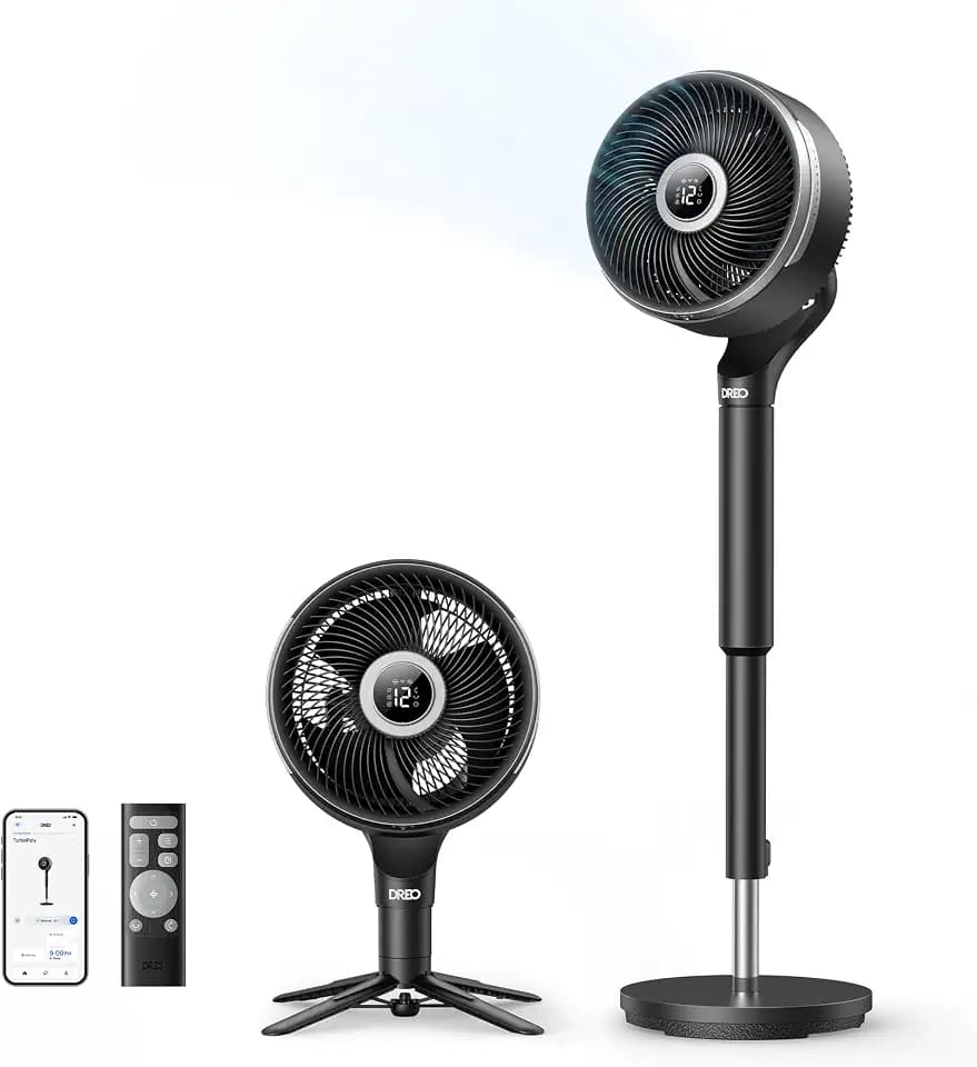 DREO Smart Fan for Bedroom, standing 150° +100° Omni-Directional Oscillating Fans, 120ft CirculAir Quiet Fan with DC Motor, 12 Speeds, 6 Modes, 20dB,Remote Control, 12H Timer
