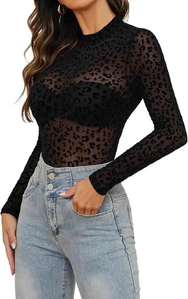 Mesh Top for Women Long Sleeve See Through Mesh Shirt Sheer Blouse Clubwear