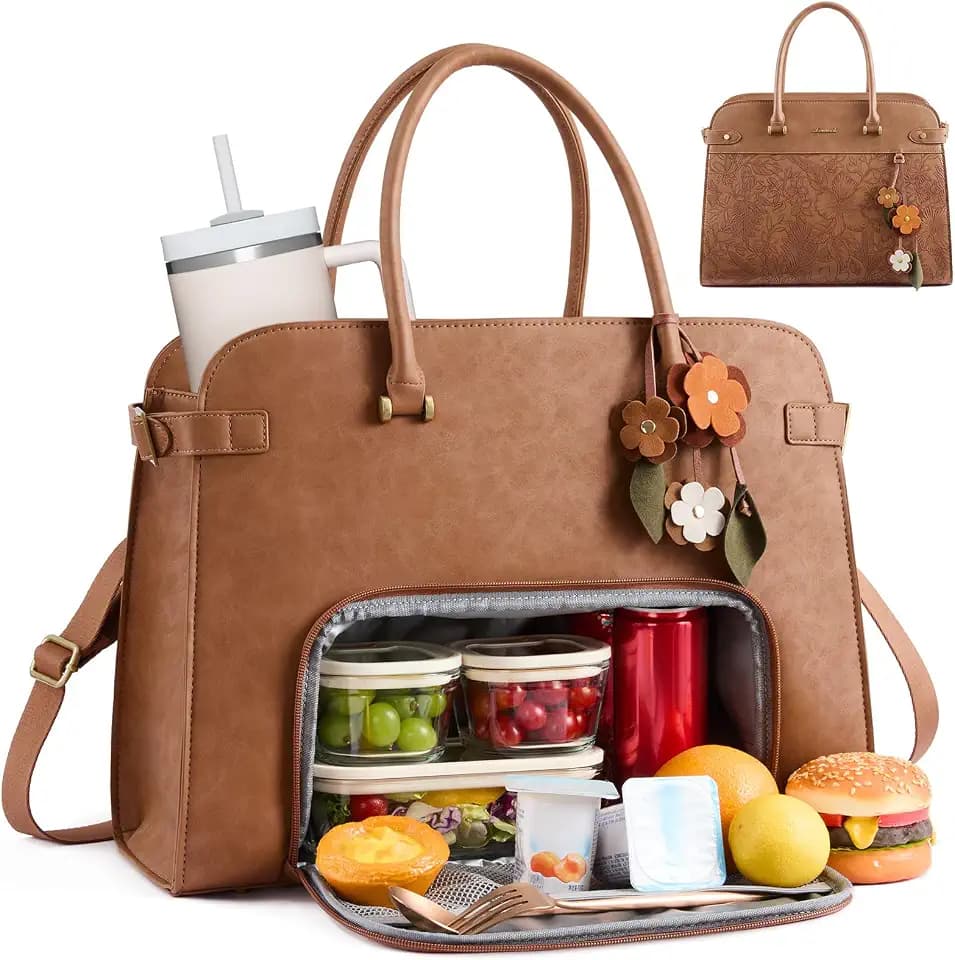 LOVEVOOK Lunch Tote Bag for Women, Insulated Lunch Bag with 15.6 Inch Laptop Compartment, Expandable Leather Work Tote with 40oz Tumbler Pocket, Office Bag for Teacher Nurse Travel