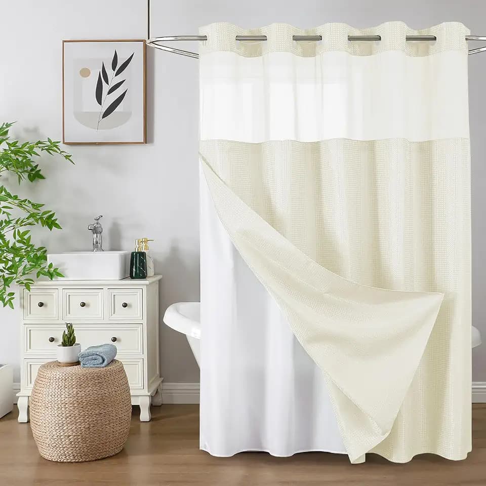 Colorful Star Ivory No Hook Waffle Shower Curtain Set, 72" W x 75" L