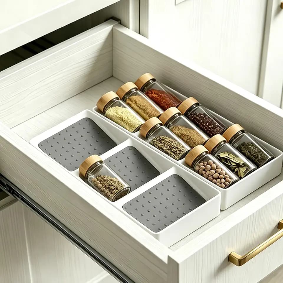 Small spice drawer organizer insert,2 pack,3 layer silicone non-slip mats,L15''xW5.6''xH2'',Kitchen drawers or countertops (jars not included),Expandable spice drawer organizer insert narrow
