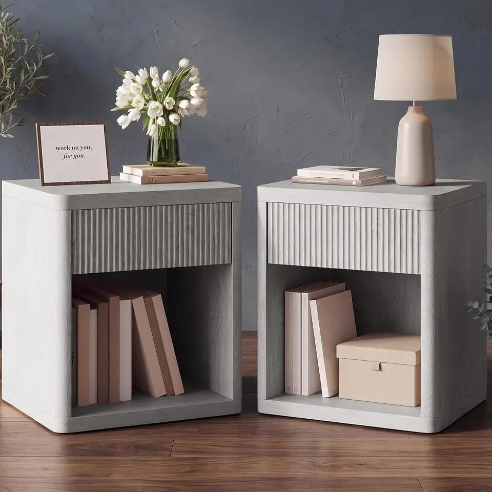 OLIXIS Set of 2 Modern Nightstand, 22.7" Fluted Drawer Wood Bedside Table