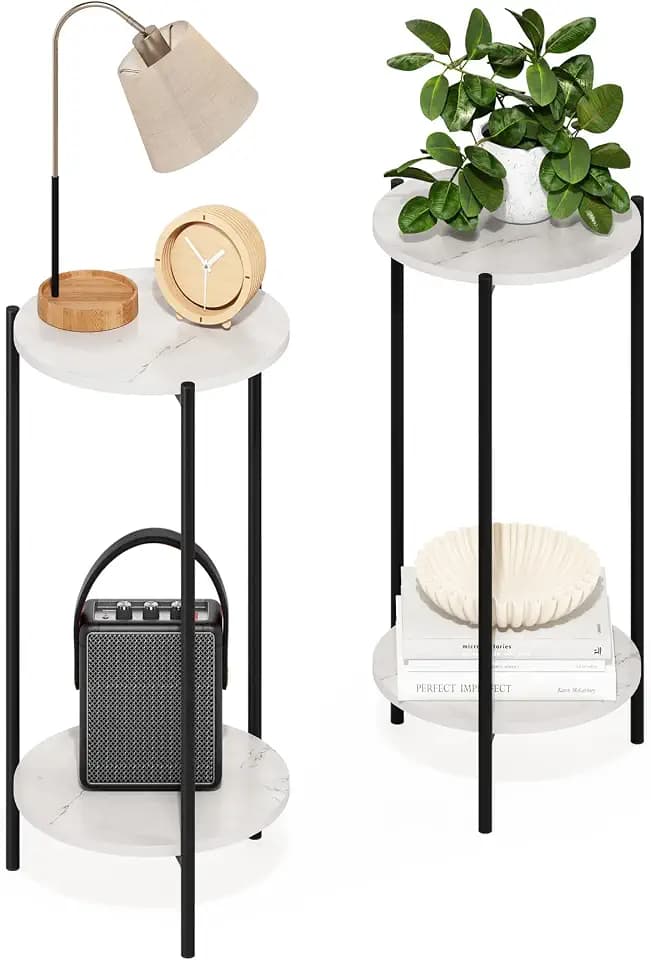 Furinno BESI Side Table Set of 2, 2-Tier Small Round End Table with Metal Legs, Night Stand with Shelf, Bedside Table, Easy Assembly, for Living Room, Bedroom, Marble White