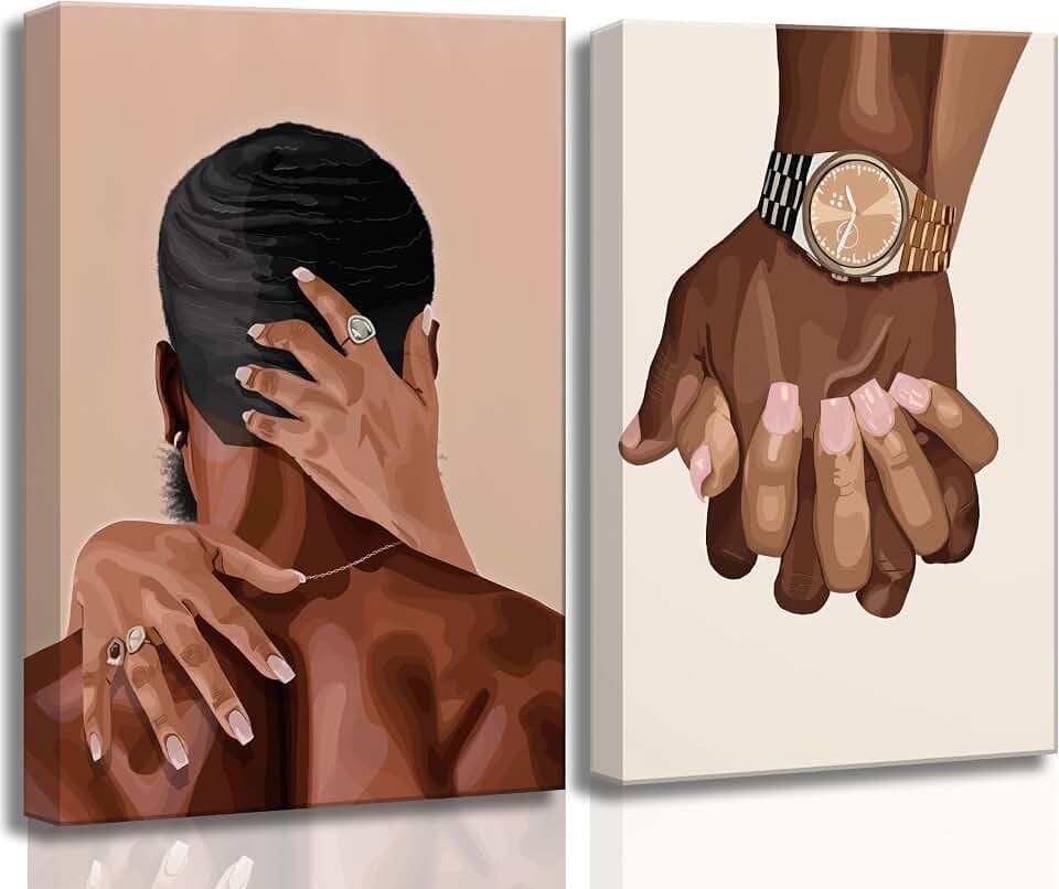 UHVBBCO 2 Pcs Afro Black Couple Canvas Wall Art 16x24in