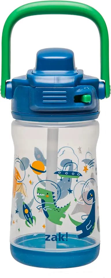 Zak Designs Beacon Kid Water Bottle for Travel or At Home, 12oz Plastic is Durable and Leak-Proof with Liquid Lock Spout, Cover, Carry Handle, Protective Base (Dinosaur)