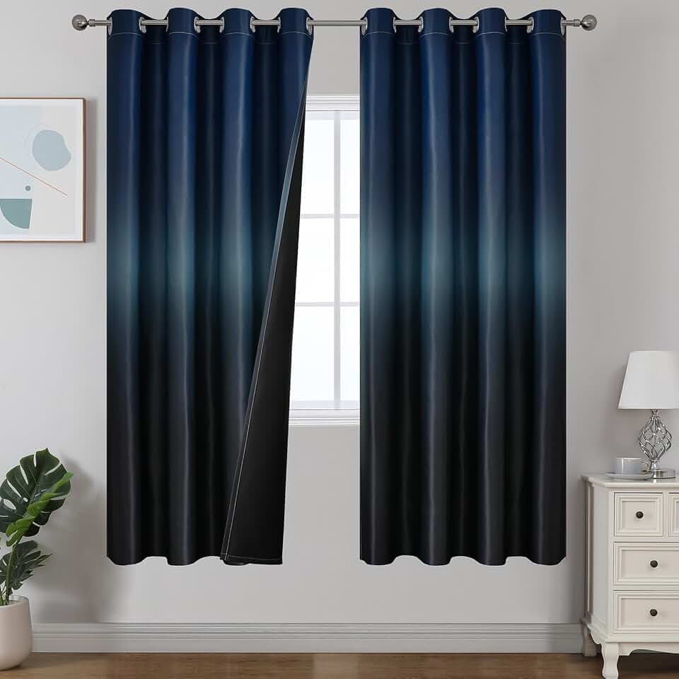 Ombre Black and Navy Blue Blackout Curtains for Bedroom 52x72 Long 2 Panels