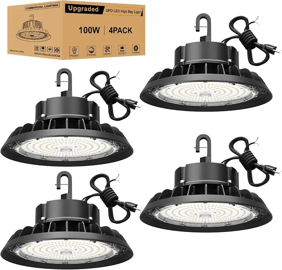 UFO LED High Bay Light 100W 4Pack, High Bay LED Shop Lights 14,000LM Dimmable, 6' Cable with US Plug, Hanging Hook, Safe Rope, ETL Listed LED High Bay Light for Warehouse Factory Barn Shop