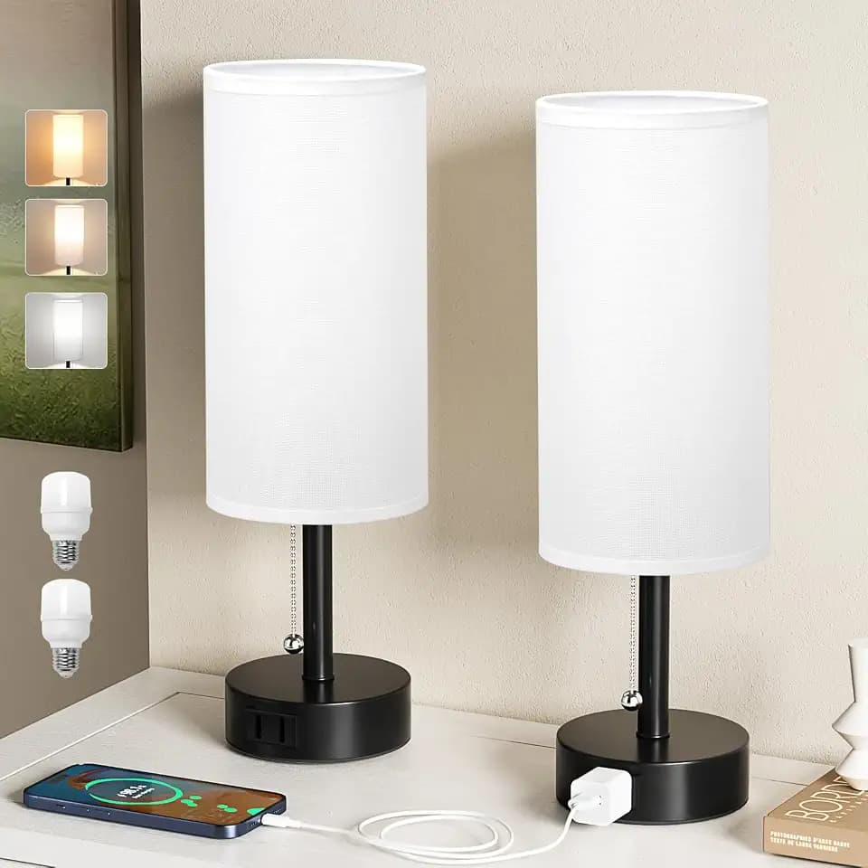 White Bedside Table Lamps Set of 2 - Bedroom Lamp for Desk, AC Outlet