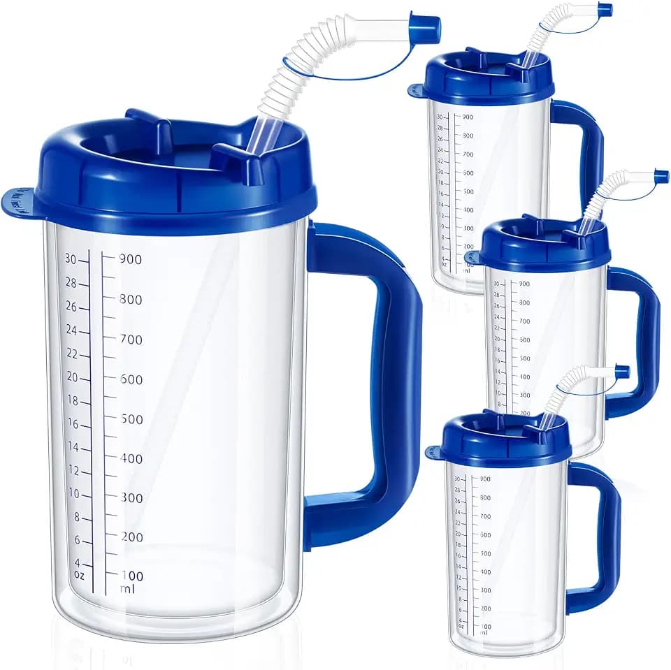 32 oz Hospital Cup with Straw Lid, Blue, 4 Pcs