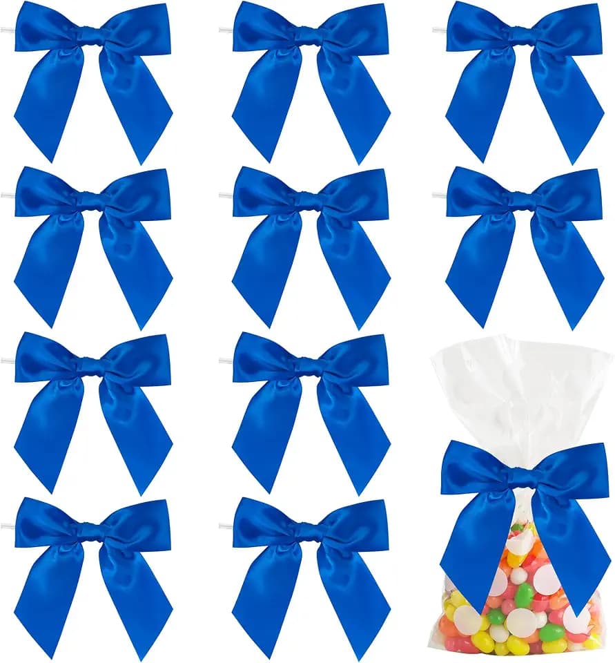 AIMUDI Royal Blue Satin Twist Tie Bows for Treat Bags - 4.5" Pre-Tied Bows for Gift Wrapping, Crafts, Baby Showers, Christmas, Weddings - 36 PCs