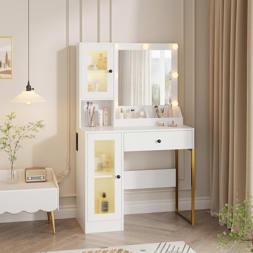 GarveeTech Vanity Desk with Mirror and Lights, Makeup Dressing Table w/Adjustable Bulbs, Outlets & USB Ports, Sturdy MDF Top & Metal Leg, Smart Storage Drawers & Cabinets for Bedroom
