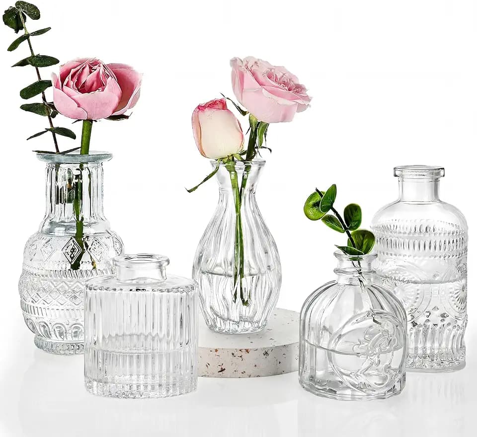 Fixwal Set of 5 Bud Vases, Small Vase for Flowers, Glass Vase for Home Decor, Wedding Decorations, Clear Flower Vases for Centerpieces, Vintage Vase for Home Decor