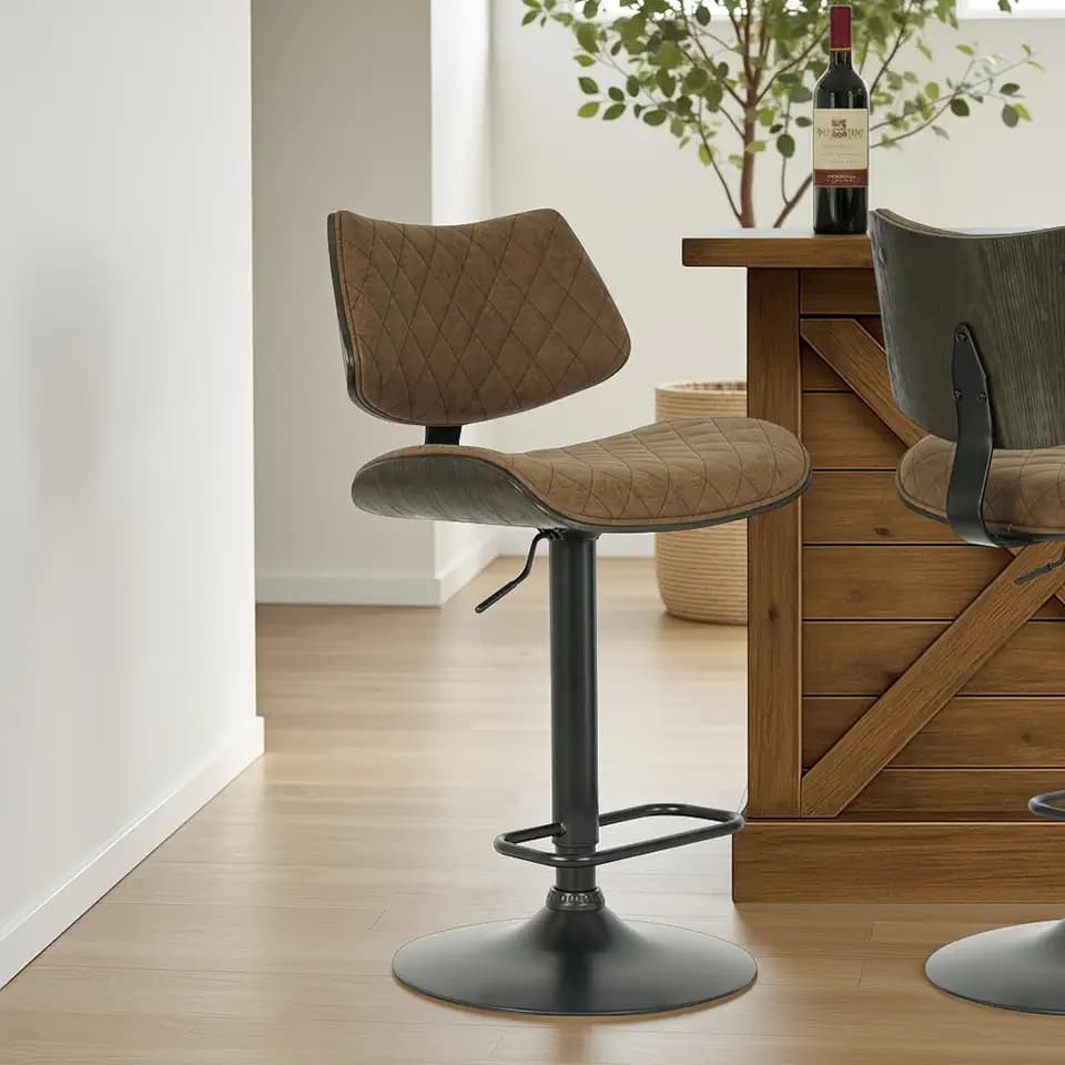 Armen Living Leland Adjustable Swivel Vintage Dark Brown Curved Back Wood Bar Stool with Faux Leather Seat Set of 2