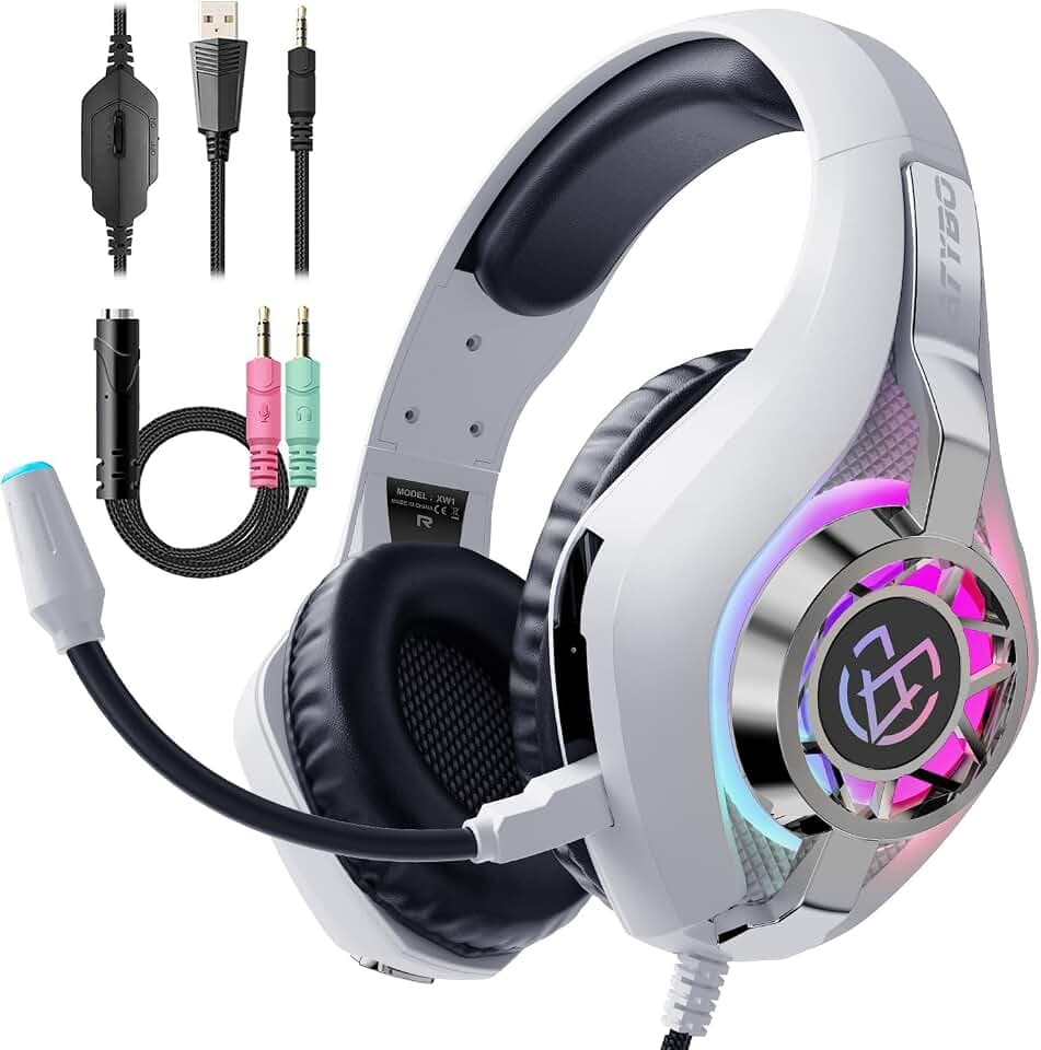 Tatybo Gaming-Kopfhörer Over Ear für PS4 PS5 Xbox PC, Gaming-Kopfhörer mit 3D-Surround-Bass, geräuschreduzierendes Mikrofon