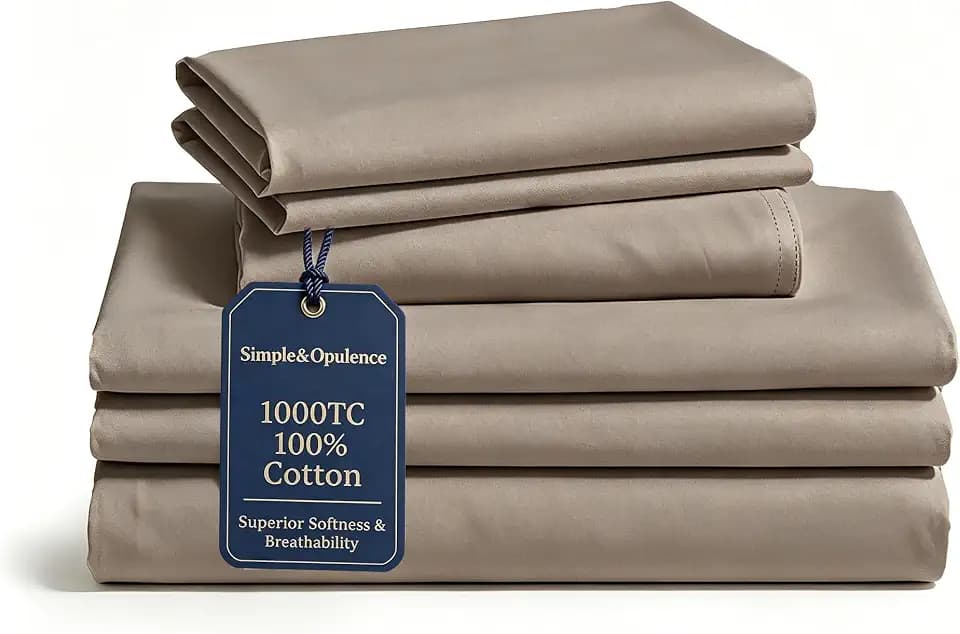 Simple&Opulence 1000 Thread Count 100% Cotton Sheet Set, Calking 4 Pcs Long Staple Cotton Sateen Bed Sheets, Luxuriously Silky Cooling Soft Bedding Set, 16 Inch Deep Pocket Fitted Sheet, Taupe