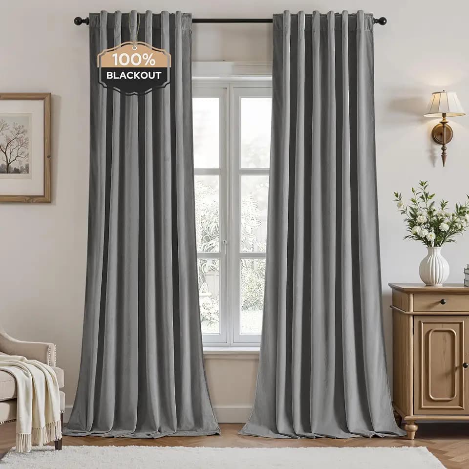 HOMEIDEAS 100% Blackout Velvet Curtains Grey 96'' 2 Panels for Bedroom