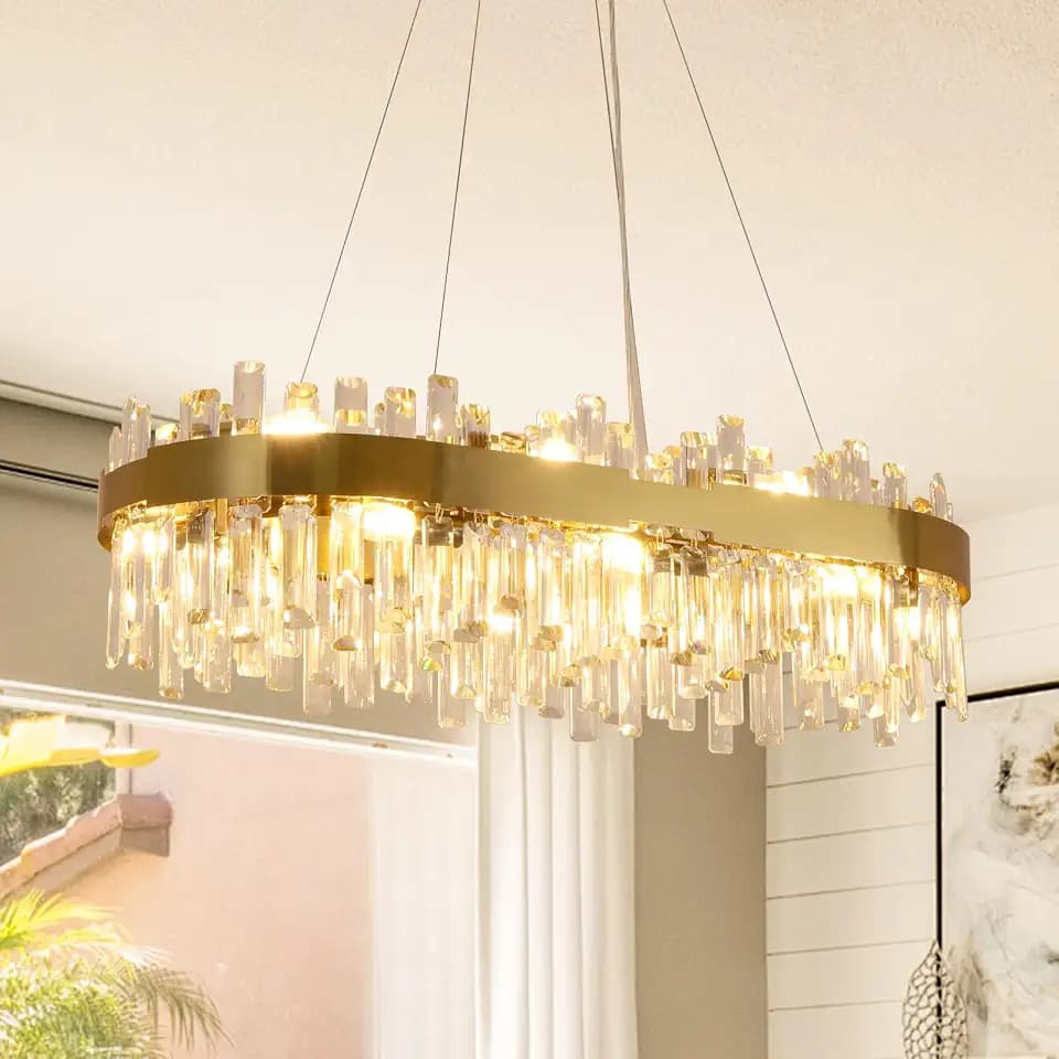 35.4" Gold Crystal Chandelier, 16-Light Modern Rectangle Chandelier