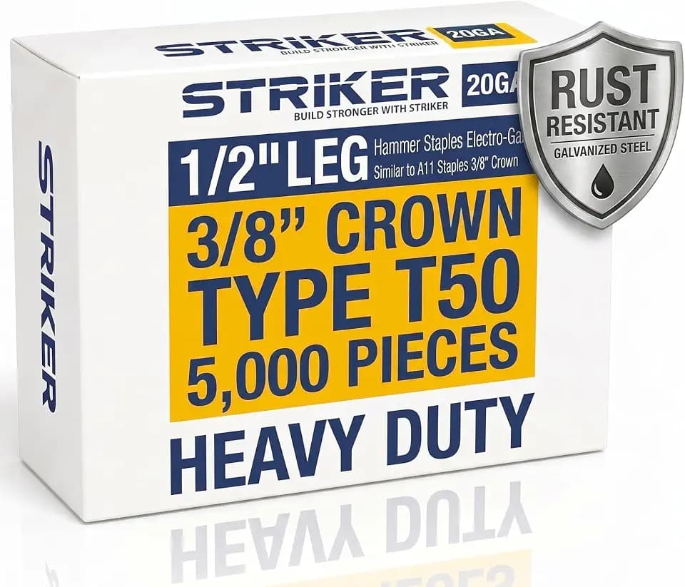 STRIKER T50 Staples, 1/2 Inch Heavy Duty Staples for Staple Gun, Galvanized 20 Gauge 3/8 Inch Crown Staples for Upholstery, Construction, Carpet (5,000 Count)