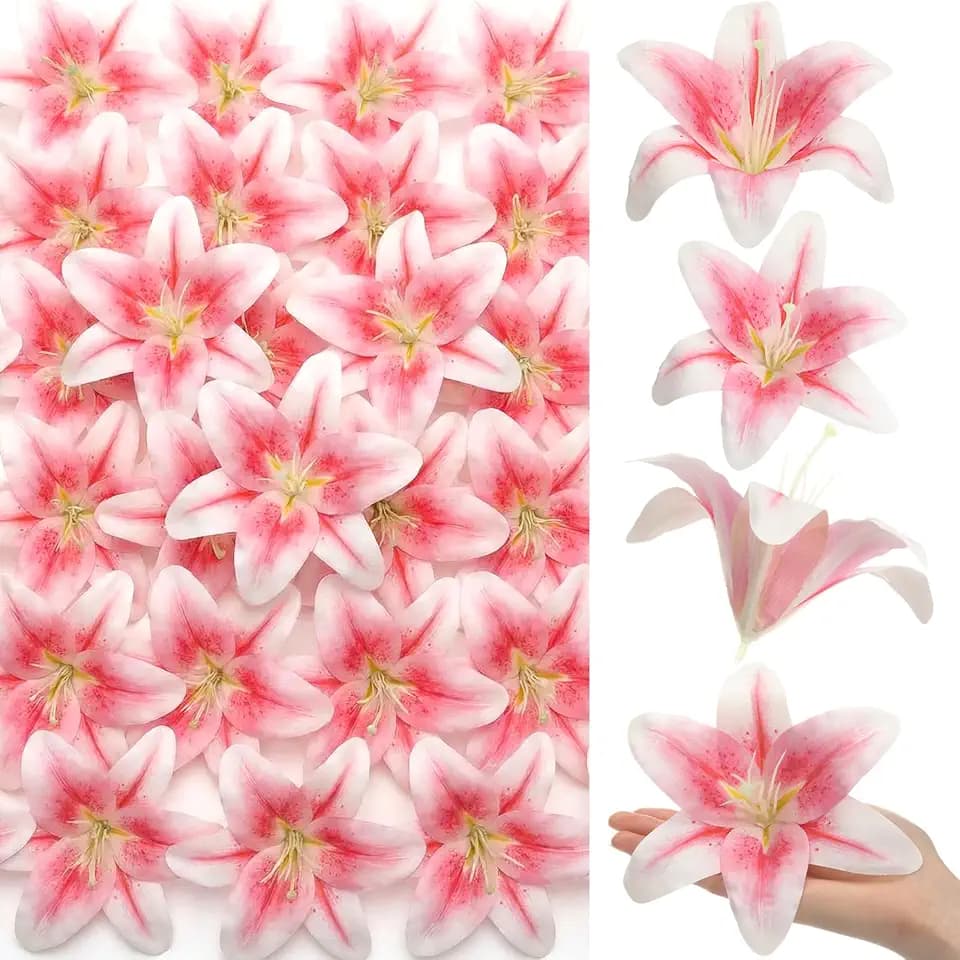 Suncalla Large Artificial Lily Heads with Stamen, Light Pink, 30 Pack